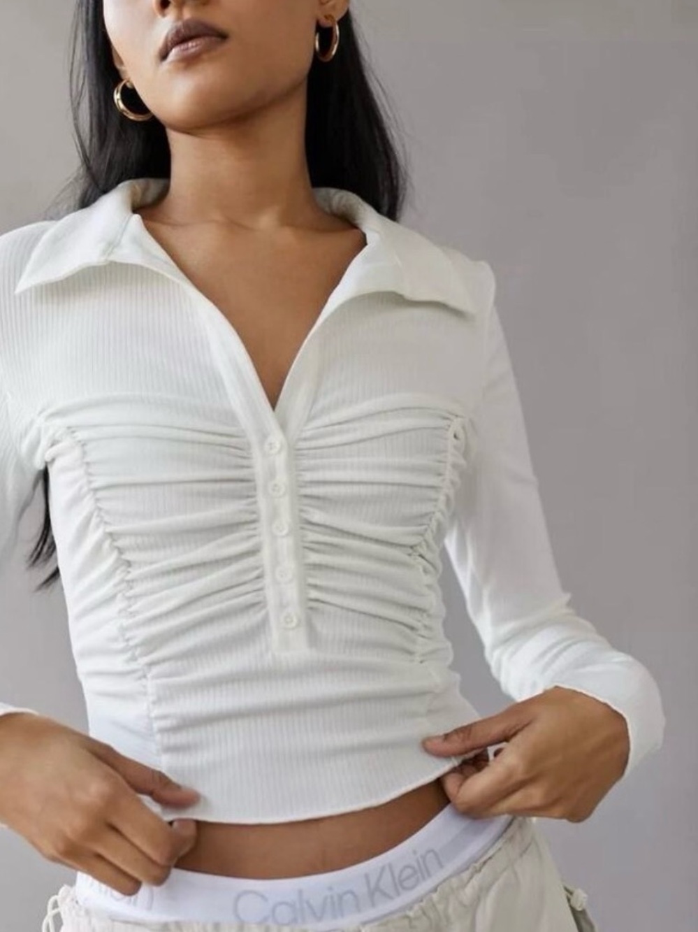 BDG White Ruched Long-Sleeve Polo Top